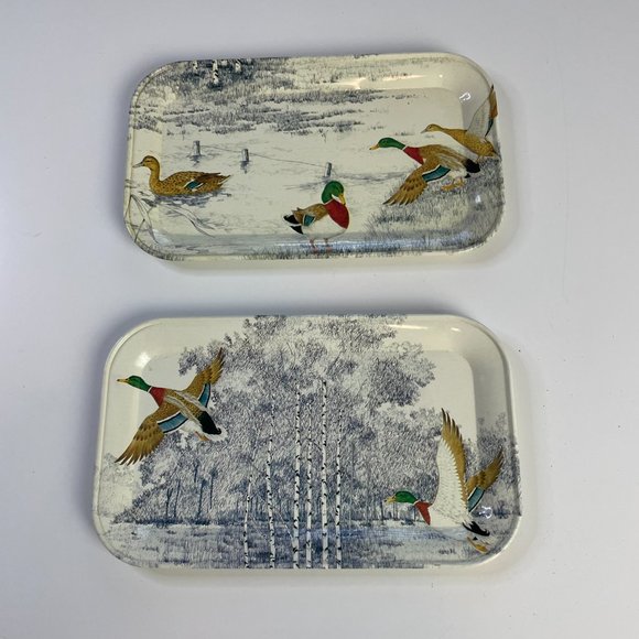 Vintage MASSILY Stamped Metal Outdoor Duck Pond Wood Scene Snack Trays Set of 2 - Picture 1 of 10